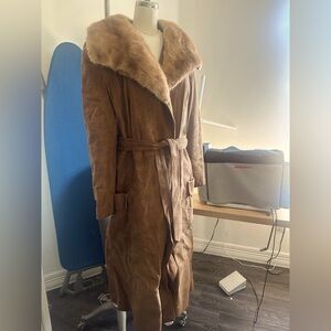 Long Ethical Vintage Suede Wrap Coat with Fur Collar